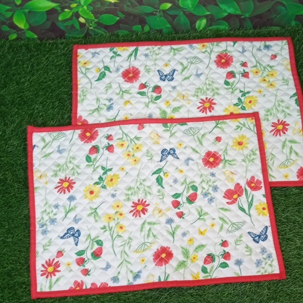 Floral Quilted Table Placemats with Red Trim - Set of 2